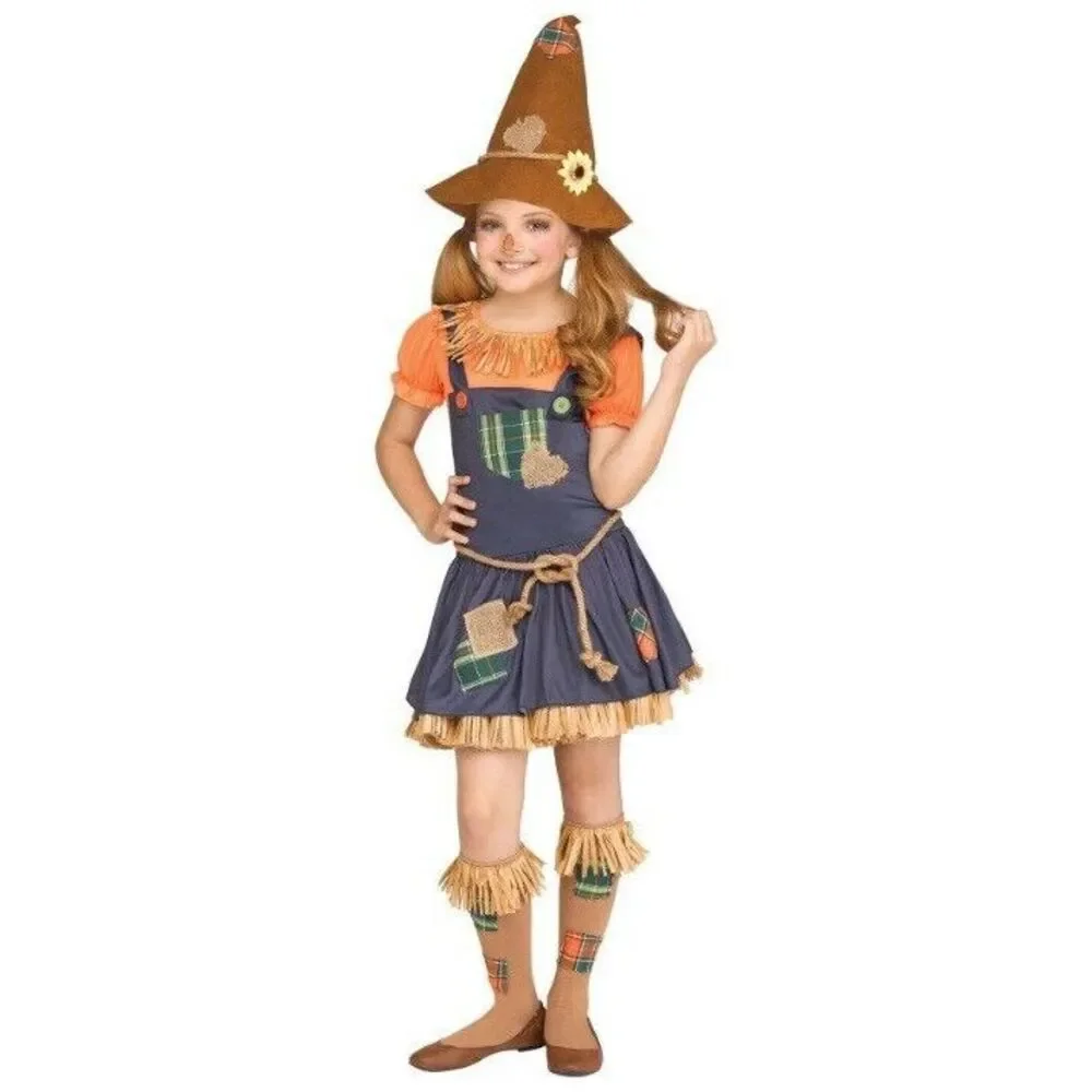 NWT Scarecrow Girls Medium‎ 7-8 Halloween Costume Dress W/Belt Hat Knee Highs Oz
